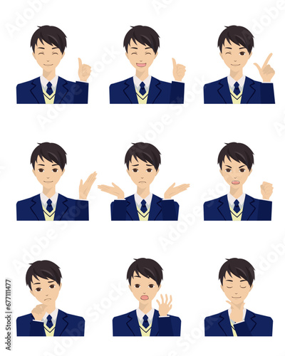 色々な表情をした男子学生（ブレザー）のイラスト（仕草付き）