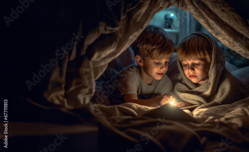 Two young brothers engrossed in a story under a blanket fort, illuminated by a flashlight.