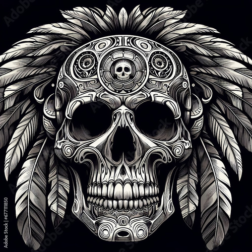 skull image embellished with detailed Native American Haida or Inuit-inspired art