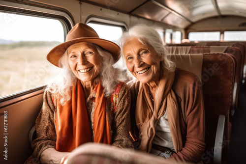 Two elderly friends share a laugh on a bus trip, with the landscape passing by