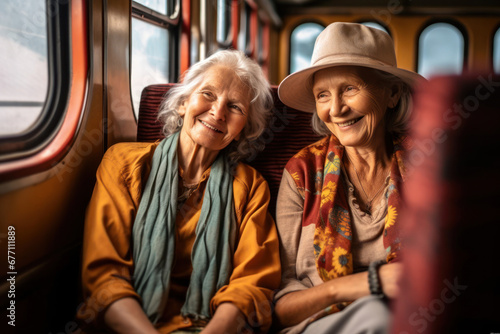 With beaming smiles and stylish hats, these elderly friends enjoy their train ride through the countryside.