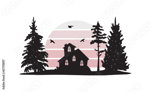 house in the forest vector silhouette. pink sunset and forest vector silhouette