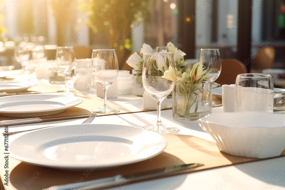 Fototapeta premium Table set for a banquet with dishes in a restaurant