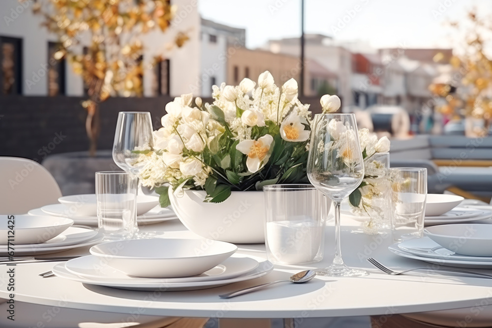 A table served with festive dishes in a restaurant with an open terrace