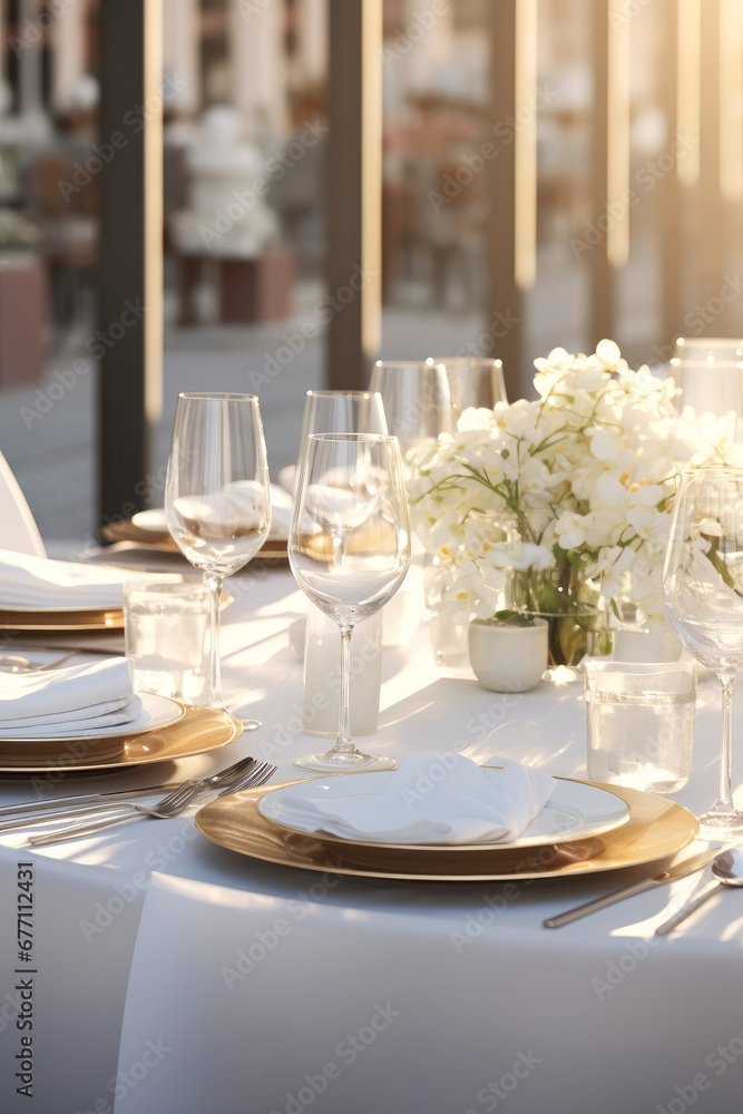 A table set for a banquet for a celebration in a sunny restaurant A table set for a banquet for a celebration in a sunny restaurant