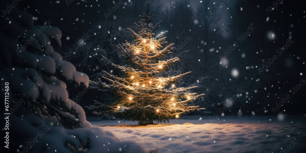 Christmas tree in the snow. Merry Christmas and Happy New Year background Christmas tree in the snow. Merry Christmas and Happy New Year background