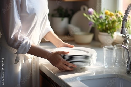 Woman holding a stack of freshly washed white dishes on the table in the kitchen photo