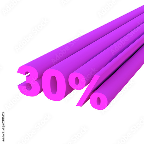 Isolated bright pink numbers 30 percent on a transparent background