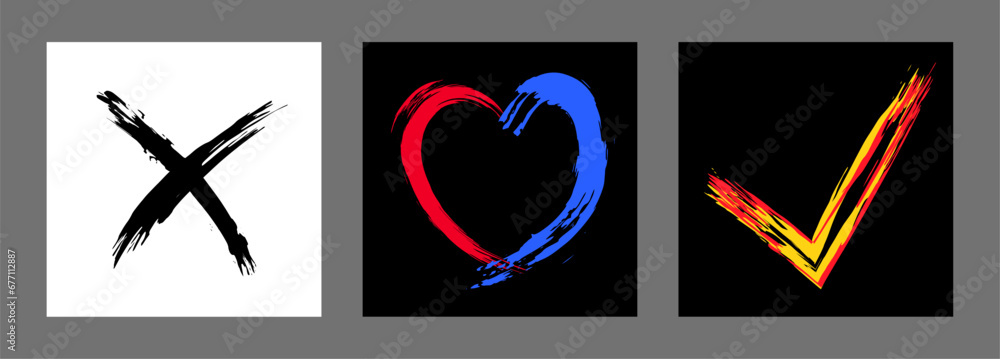 The cross, heart and OK symbol are hand-drawn with a brush. Prohibition, denial, error. Love. Approval, consent. Vector, set of 3 characters The cross, heart and OK symbol are hand-drawn with a brush. Prohibition, denial, error. Love. Approval, consent. Vector, set of 3 characters