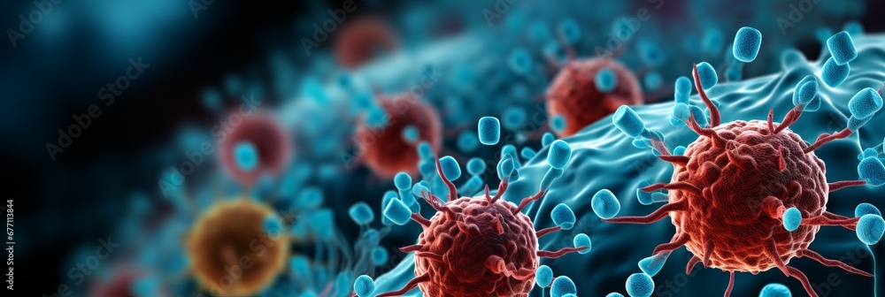 Close up of flu covid 19 virus cell on background of coronavirus and influenza outbreak - obrazy, fototapety, plakaty 