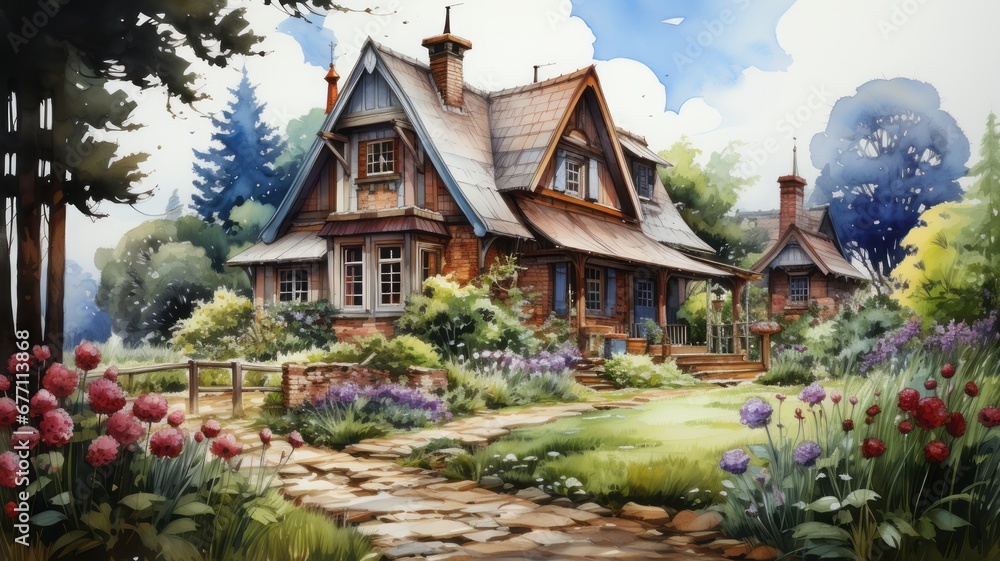 Beautiful house with flowering plants and sky background. Watercolor painting.