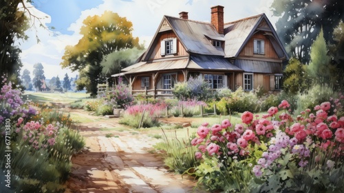 Beautiful house with flowering plants and sky background. Watercolor painting.