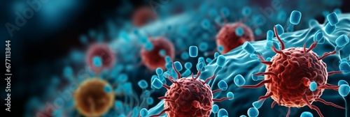 Close up of flu covid 19 virus cell on background of coronavirus and influenza outbreak photo