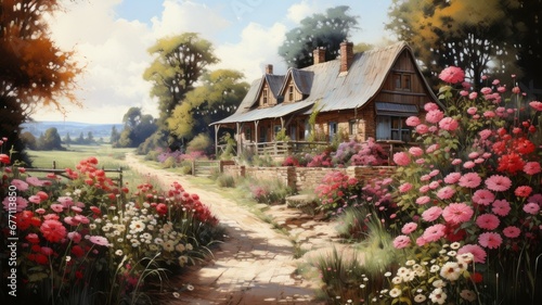 Beautiful house with flowering plants and sky background. Watercolor painting. © senadesign