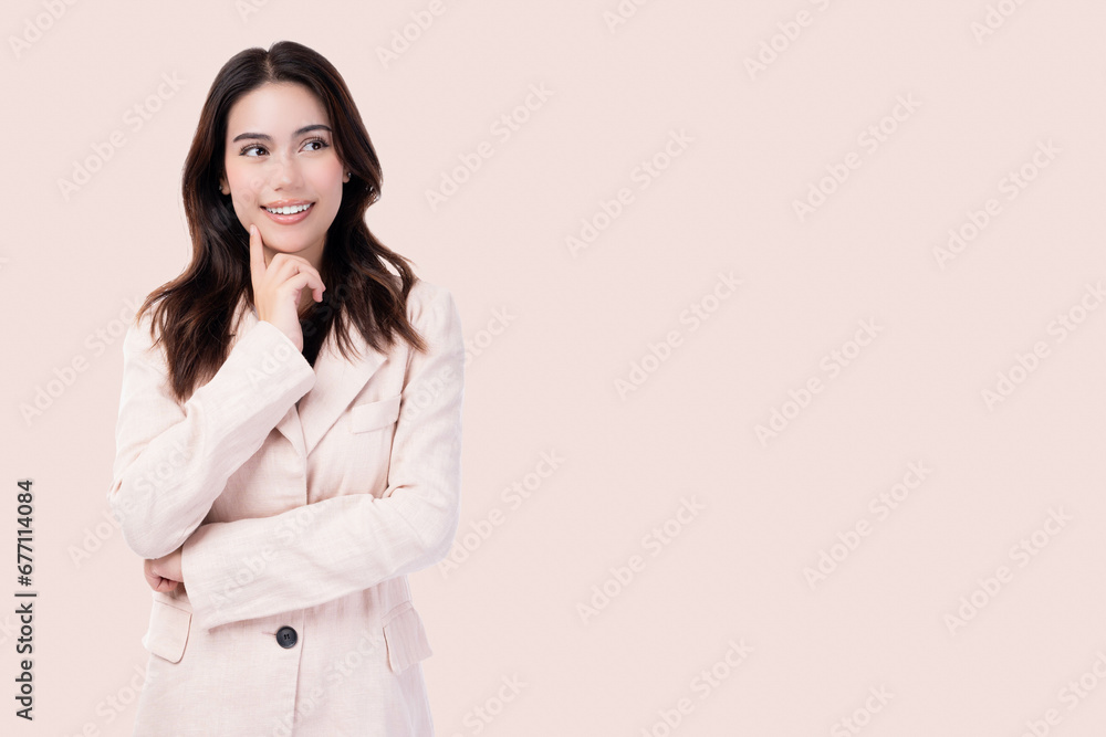 Planning thinking young woman looking to blank space Thinking business lady standing over isolated on pink background Happy Beauty girl thinking out of box with happy face Touch her chin Think Decide Planning thinking young woman looking to blank space Thinking business lady standing over isolated on pink background Happy Beauty girl thinking out of box with happy face Touch her chin Think Decide