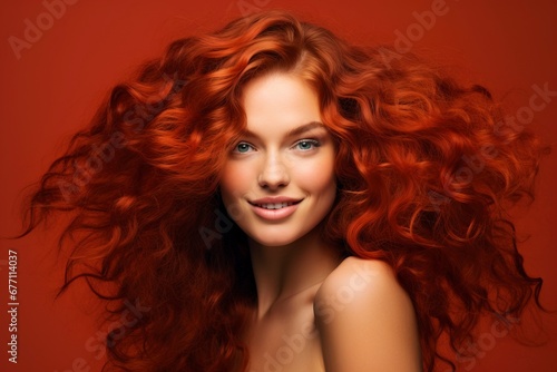 Happy beautiful haired woman  Looking at the camera  one color background  generative ai