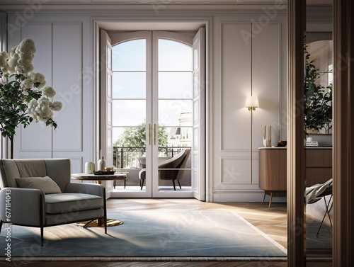 Modern interior room design, gray armchair on a carpet against the balcony, vintage wall, generative AI. © Yacine