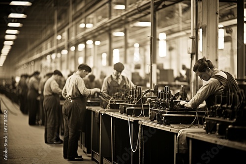 A black and white photo with sepia tones captures a 1920s industrial assembly line, showing a diverse group of men and women focused on their tasks amidst vintage machinery, evoking an era of early  photo