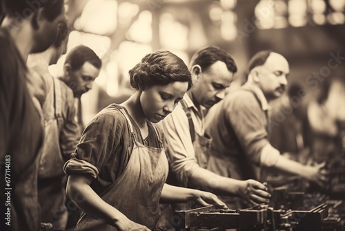 A black and white photo with sepia tones captures a 1920s industrial assembly line, showing a diverse group of men and women focused on their tasks amidst vintage machinery, evoking an era of early 