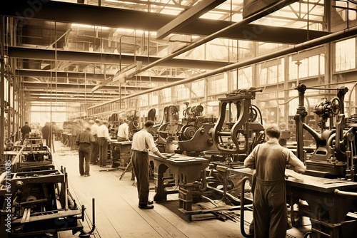 A black and white photo with sepia tones captures a 1920s industrial assembly line, showing a diverse group of men and women focused on their tasks amidst vintage machinery, evoking an era of early 