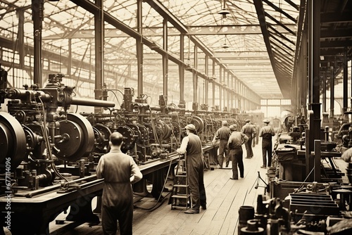 A black and white photo with sepia tones captures a 1920s industrial assembly line, showing a diverse group of men and women focused on their tasks amidst vintage machinery, evoking an era of early  photo