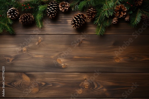  Overhead view of a rustic wooden table, adorned with fir branches and conifer cones, perfectly set for Christmas and space for text.