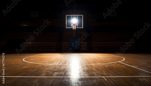 captivating empty basketball court illuminated by powerful white lights in a dark arena photo