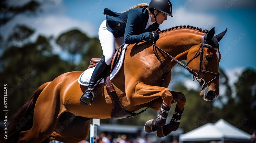 Fototapeta premium Action-Packed Equestrian Show Jumping with Horse and Rider