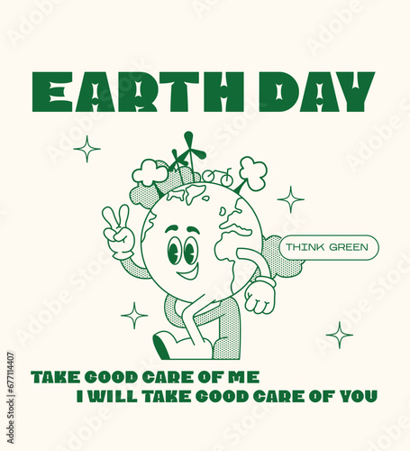 Retro poster Earth Day ecology. Mascot character walking Earth planet, save planet, global warming hippy vintage comic vector set. Earth day, protection environment isolated on background