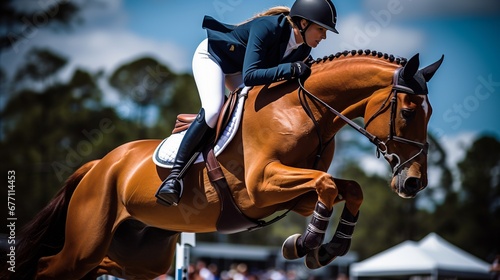 Action-Packed Equestrian Show Jumping with Horse and Rider photo