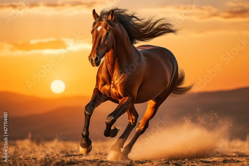 Equestrian photography capturing a majestic horse galloping in an open field at sunset, emphasizing muscle movement and conveying freedom and power.