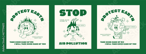Set retro posters earth ecology. Mascot character walking Earth planet, save planet, global warming hippy vintage comic vector set. Earth day, protection environment isolated on background