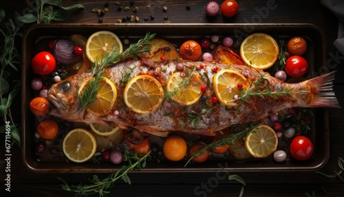 Delectably seasoned and expertly cooked roast fish sizzling in a pan, creating an irresistible aroma