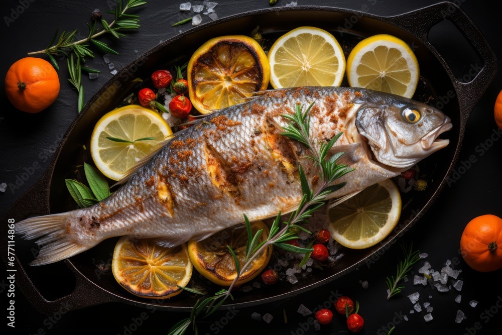 Savor the exquisite flavors of perfectly roasted fish, expertly prepared in a sizzling pan