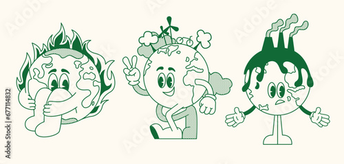 Set retro earth ecology. Cartoon sticker mascot character walking Earth planet, save planet, global warming hippy vintage comic vector set. Earth day, protection environment isolated on background