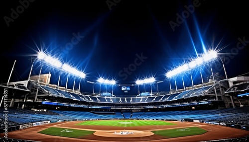 Eerie and deserted baseball stadium with an immaculate diamond illuminated by vibrant spotlights