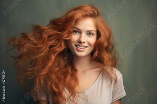 Happy beautiful haired woman, Looking at the camera, one color background, generative ai