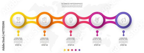 Vector infographic design template. Modern timeline concept with five steps, circles. Vector illustration used for diagram, workflow layout, banner, webdesign, presentations, flowchart