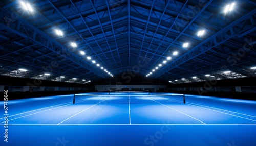 captivating image of an empty tennis court illuminated by the serene solitude of a grand stadium