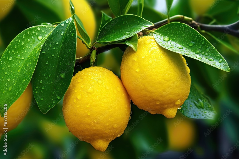 Citrus bounty. Fresh lemons and limes on sunlit branch. Harvest delight. Ripe citrus fruits hanging from tree. Sunny grove. Vibrant oranges and lemon in nature