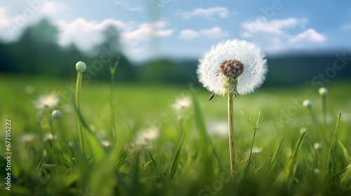 a single white dandelion and standing tall in a lush green field