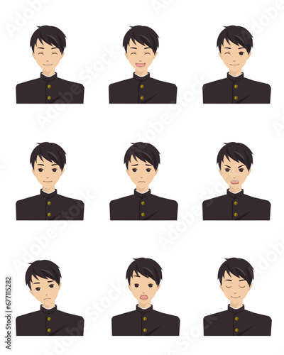 色々な表情をした男子学生（学ラン）のイラスト