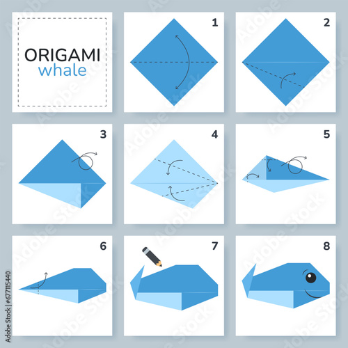 Whale origami scheme tutorial moving model. Origami for kids. Step by step how to make a cute origami marine animal. Vector illustration.