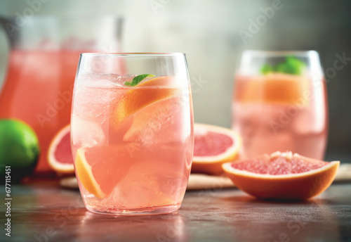 Cold grapefruit spritzer served with ice cubes and fresh mint, perfect for a summer refreshment. photo