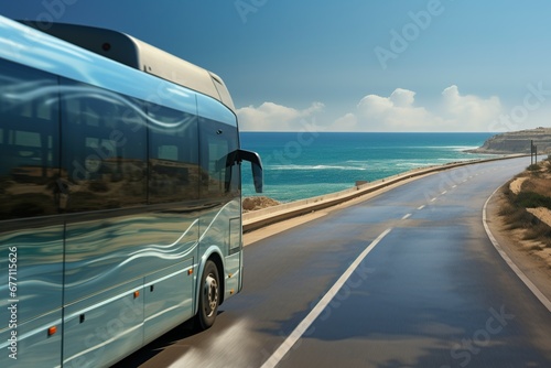 Tourist bus rides. bus running along highways the background of sea coastline. photo