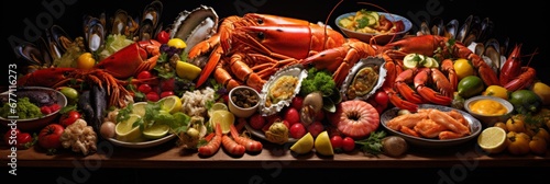 Oceanic delicacies on ice fresh fish, shellfish, crabs, octopuses, mussels, oysters, shrimps photo