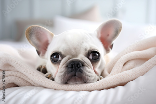 Cute French bulldog puppy lies on the bed on a white sheet in the bedroom and looks at the camera