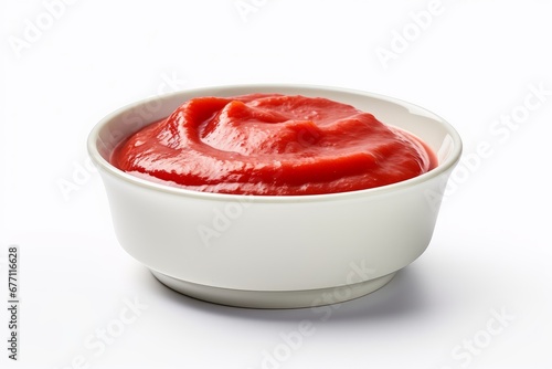 Photo bowl of ketchup isolated on white