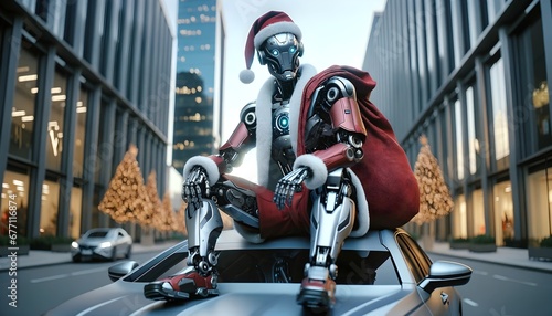 Futuristic robot dressed as Santa Claus