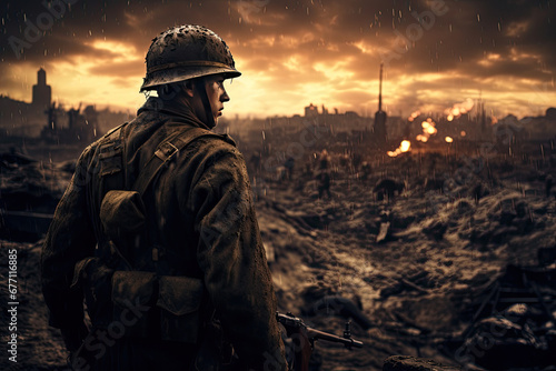 Soldier fighting a war on a battlefield photo